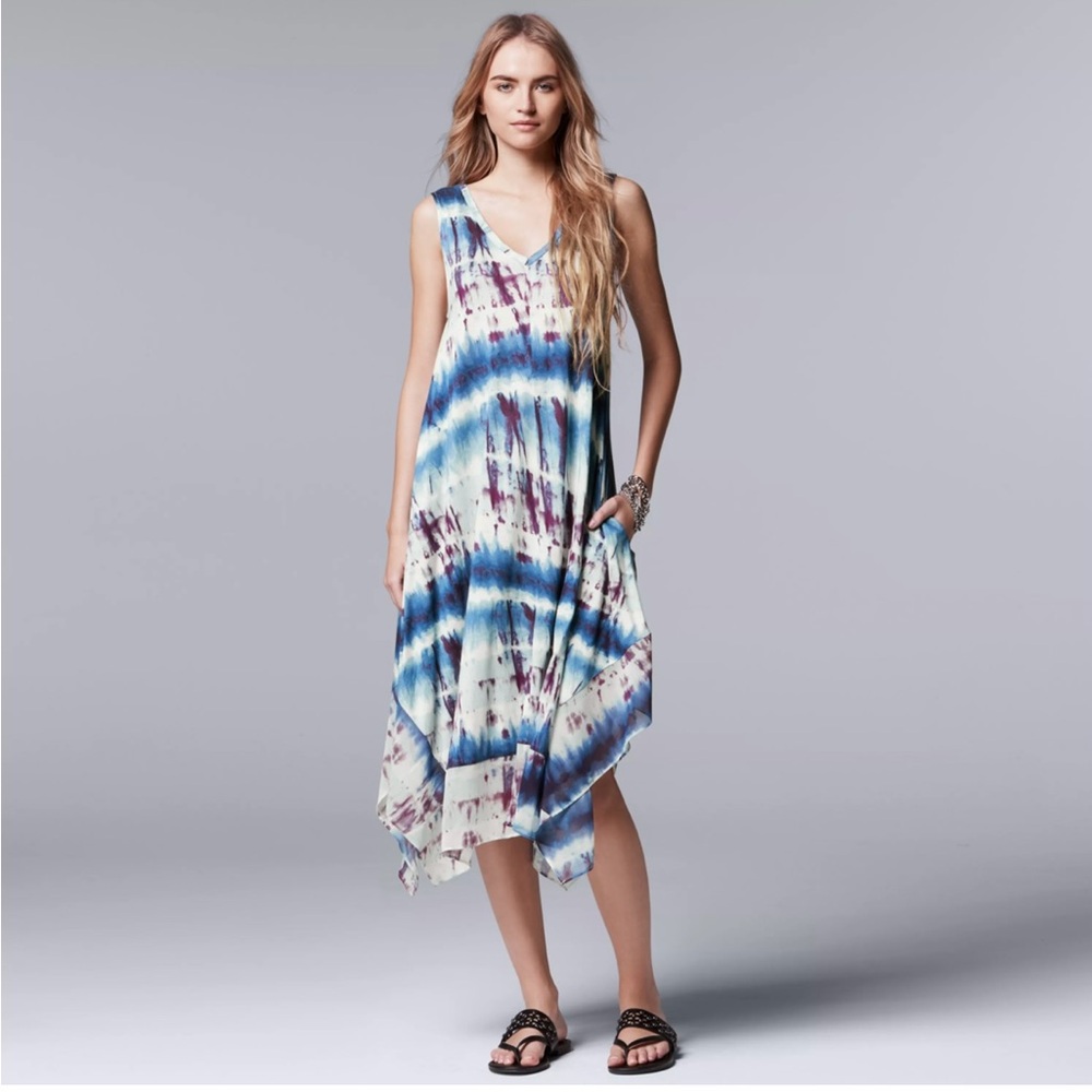 Vera Wang Elegant Blue Tie-Dye Sleeveless Dress